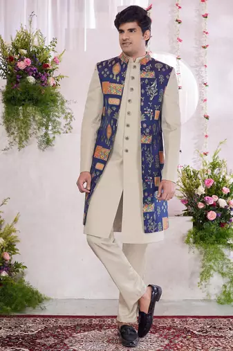 Blue jacquard  art silk 3 peice jacket set for men