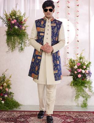 blue jacquard  art silk 3 peice jacket set for men 2