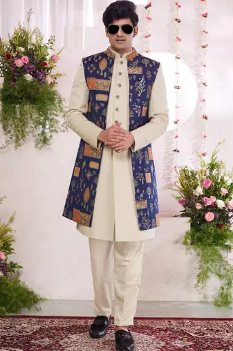 blue jacquard  art silk 3 peice jacket set for men