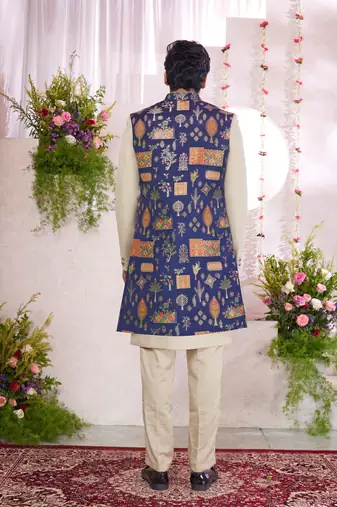 blue jacquard  art silk 3 peice jacket set for men