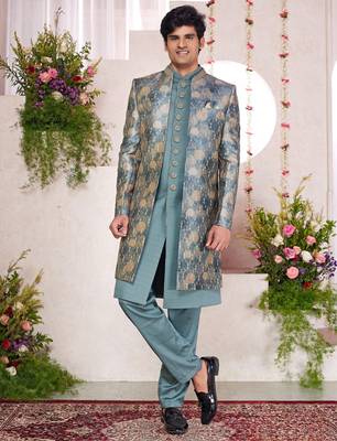 green computer thread work on digital print  silk 3 peice jacket set for men 1