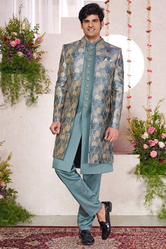 Green computer thread work on digital print  silk 3 peice jacket set for men