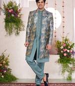 green computer thread work on digital print  silk 3 peice jacket set for men