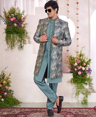 green computer thread work on digital print  silk 3 peice jacket set for men 2