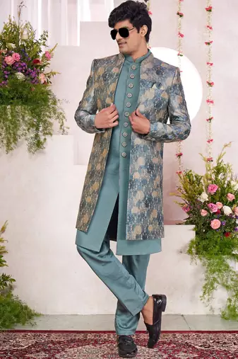 green computer thread work on digital print  silk 3 peice jacket set for men