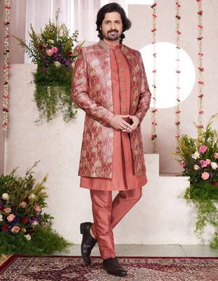 red computer thread work on digital print  silk 3 peice jacket set for men 1