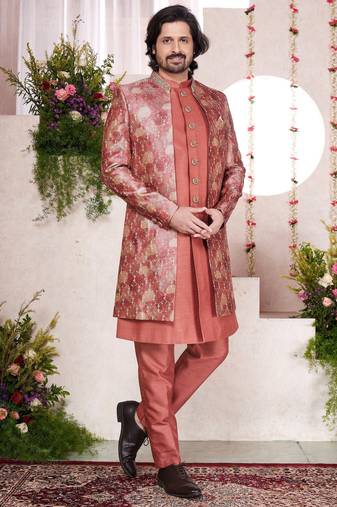 Red computer thread work on digital print  silk 3 peice jacket set for men