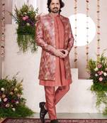 red computer thread work on digital print  silk 3 peice jacket set for men