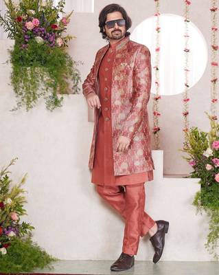 red computer thread work on digital print  silk 3 peice jacket set for men 2