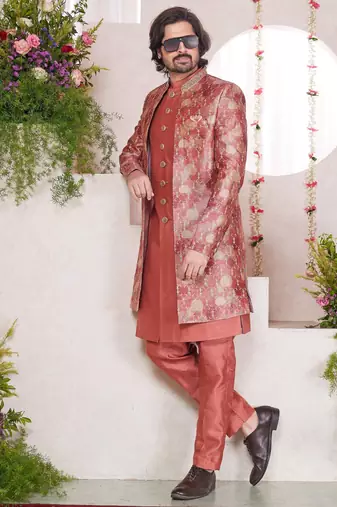 red computer thread work on digital print  silk 3 peice jacket set for men