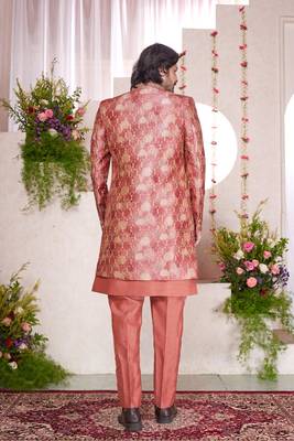 red computer thread work on digital print  silk 3 peice jacket set for men 3