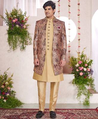 brown computer thread work on digital print  silk 3 peice jacket set for men 1