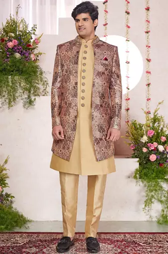 Brown computer thread work on digital print  silk 3 peice jacket set for men