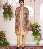 brown computer thread work on digital print  silk 3 peice jacket set for men