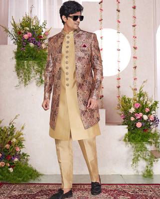 brown computer thread work on digital print  silk 3 peice jacket set for men 2
