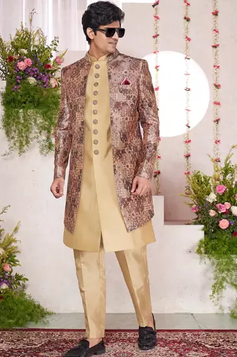 brown computer thread work on digital print  silk 3 peice jacket set for men
