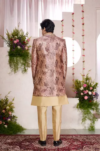 brown computer thread work on digital print  silk 3 peice jacket set for men