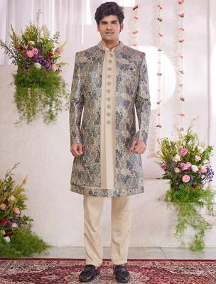 green computer thread work on digital print  silk 3 peice jacket set for men 1