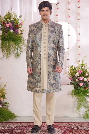 Green computer thread work on digital print  silk 3 peice jacket set for men