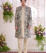 green computer thread work on digital print  silk 3 peice jacket set for men