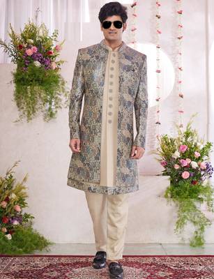green computer thread work on digital print  silk 3 peice jacket set for men 2
