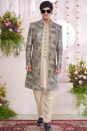 green computer thread work on digital print  silk 3 peice jacket set for men