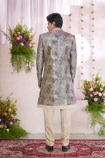 green computer thread work on digital print  silk 3 peice jacket set for men