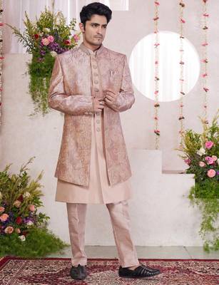 pink computer thread work on digital print  silk 3 peice jacket set for men 1