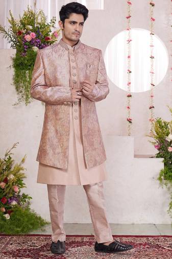 Pink computer thread work on digital print  silk 3 peice jacket set for men