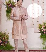 pink computer thread work on digital print  silk 3 peice jacket set for men