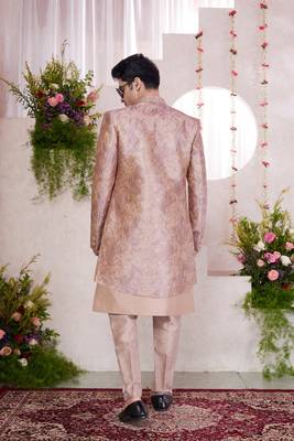 pink computer thread work on digital print  silk 3 peice jacket set for men 3