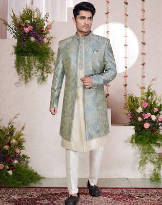 green computer thread work on digital print  silk 3 peice jacket set for men 1
