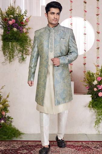 Green computer thread work on digital print  silk 3 peice jacket set for men