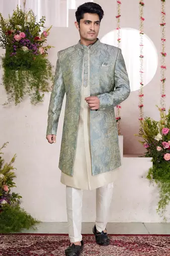 Green computer thread work on digital print  silk 3 peice jacket set for men