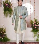 green computer thread work on digital print  silk 3 peice jacket set for men