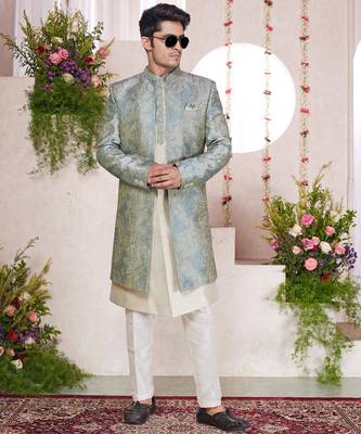 green computer thread work on digital print  silk 3 peice jacket set for men 2