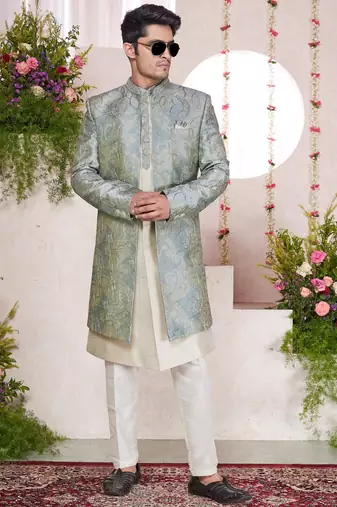 green computer thread work on digital print  silk 3 peice jacket set for men