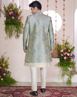 green computer thread work on digital print  silk 3 peice jacket set for men 3