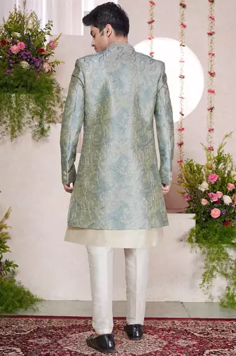 green computer thread work on digital print  silk 3 peice jacket set for men