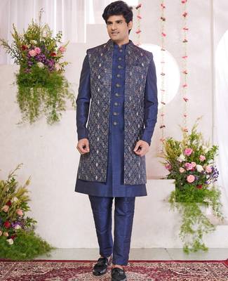 blue digital print on jacquard  art silk 3 peice jacket set for men 1