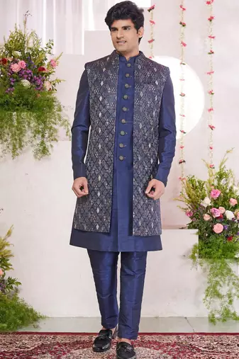 Blue digital print on jacquard  art silk 3 peice jacket set for men