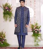 blue digital print on jacquard  art silk 3 peice jacket set for men