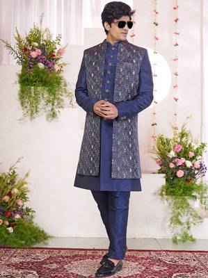 blue digital print on jacquard  art silk 3 peice jacket set for men 2