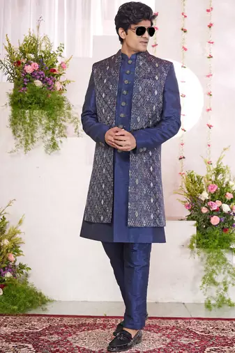 blue digital print on jacquard  art silk 3 peice jacket set for men