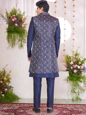 blue digital print on jacquard  art silk 3 peice jacket set for men 3