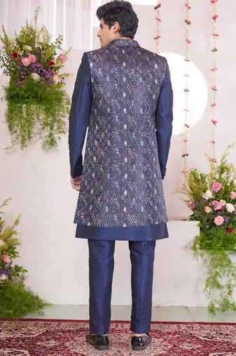 blue digital print on jacquard  art silk 3 peice jacket set for men
