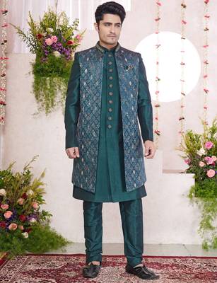 green digital print on jacquard  art silk 3 peice jacket set for men 1