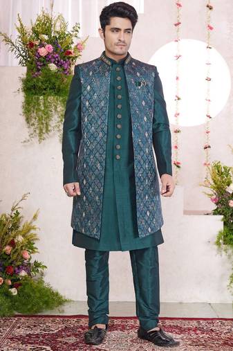 Green digital print on jacquard  art silk 3 peice jacket set for men