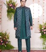 green digital print on jacquard  art silk 3 peice jacket set for men
