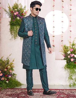 green digital print on jacquard  art silk 3 peice jacket set for men 2